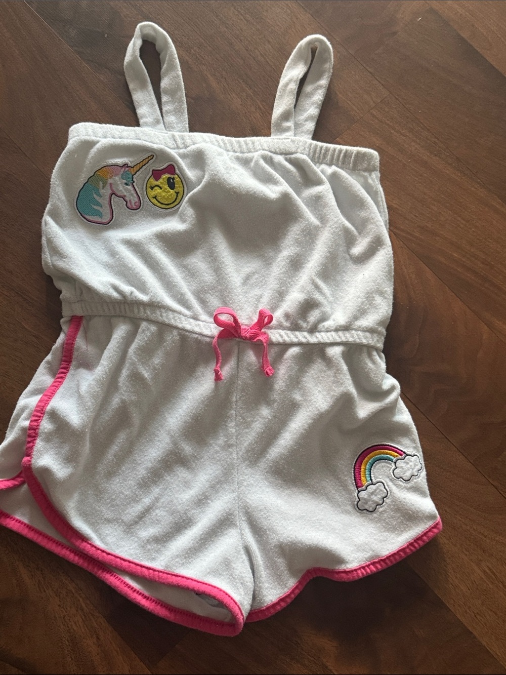 Pink Platinum White Terry Romper with Pink Trim and Rainbow & Unicorn Patches